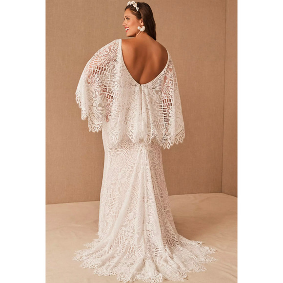 BHLDN Odalis Lace Wedding Gown Plus Size Boho Bridal Ivory Nude 24 - Picture 2 of 9
